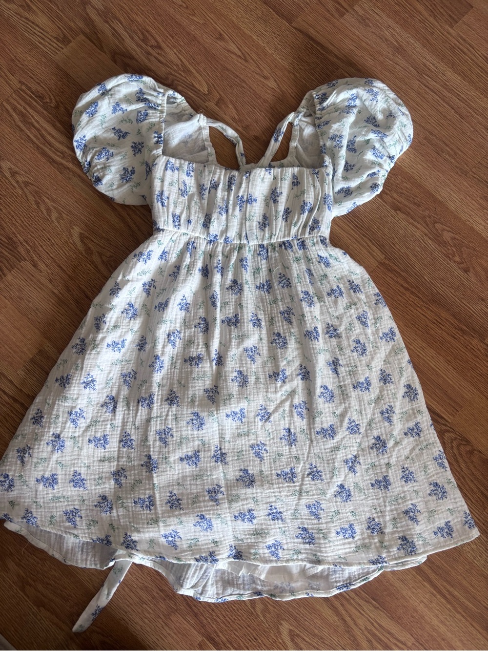 Princess Polly  White Floral Puff-Sleeve Cotton Dress - Blue Floral Print